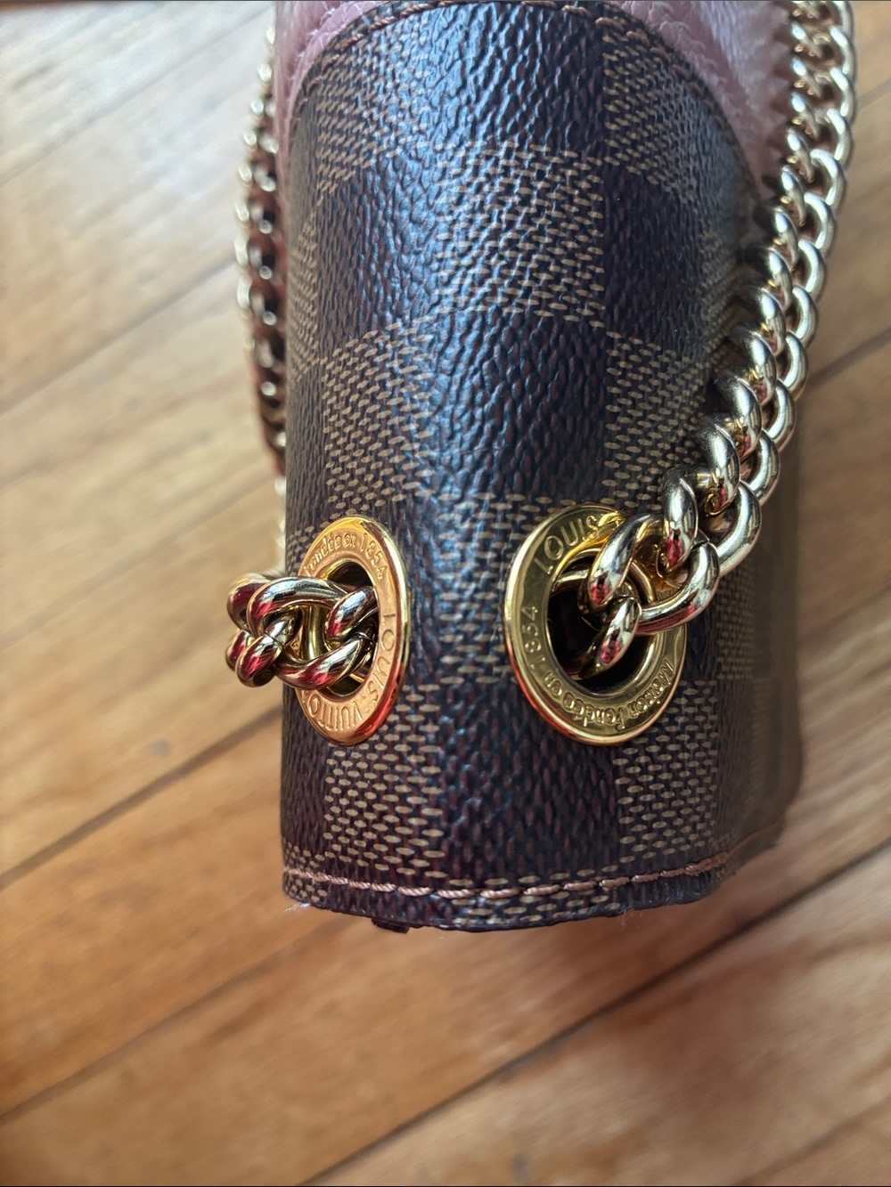 Louis Vuitton Brown Damier Ebene with Pink Center Stripe Chain Crossbody - Picture 11 of 11